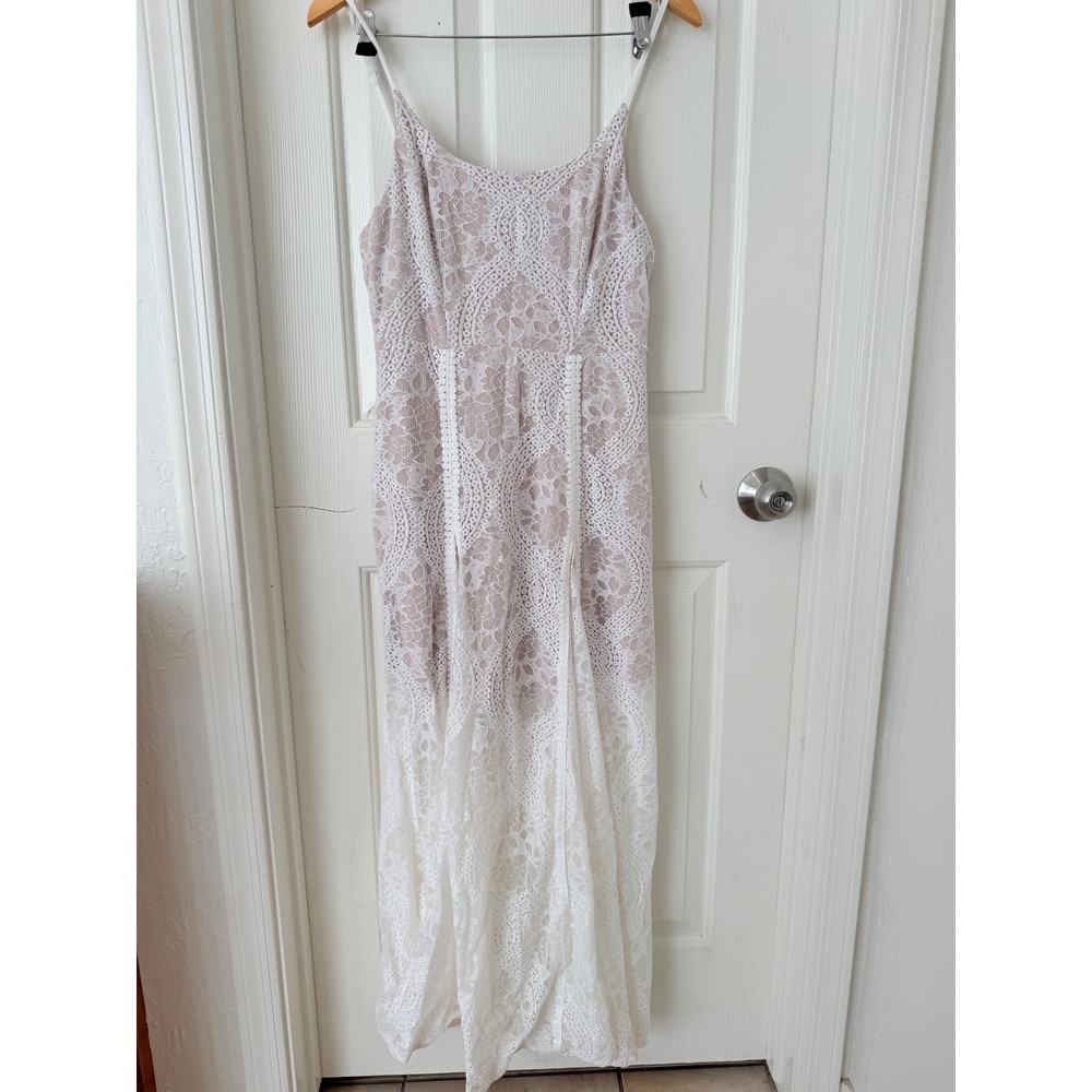 Selfie Leslie White Lace Maxi Dress Nude Lining Sleeveless Wedding Guest Large - Picture 2 of 16